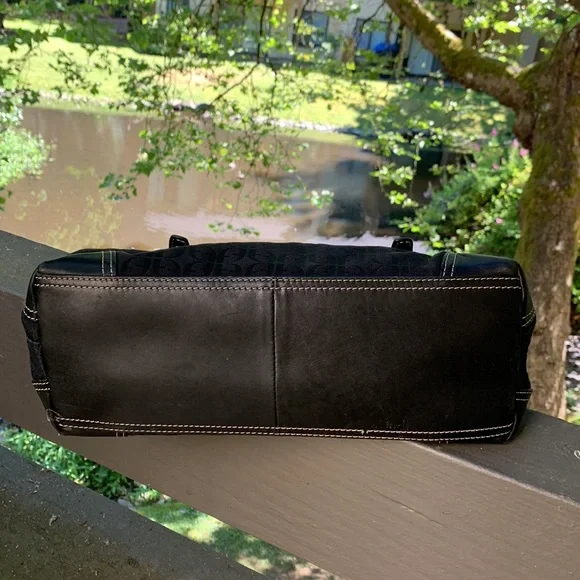 Vintage Fossil Shoulder bag large black leather canvas silver hardware Y2K - Picture 13 of 15